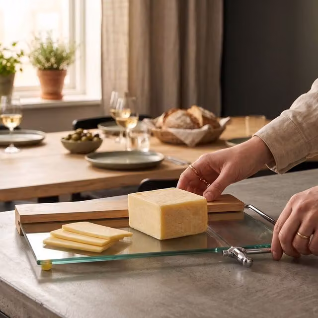Orsina Cheese Cutter with Transparent Glass Board, Integrated Wire Slicer and Wood and Stainless Steel Arm – 1
