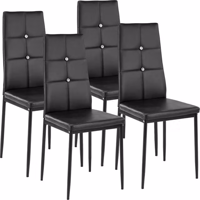 Tectake Set of 4 Black Rhinestone Dining Chairs with Synthetic Leather Upholstery