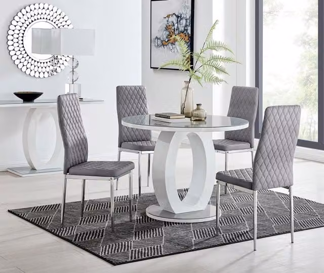 FurnitureboxUK Giovani Round 4 Seat Dining Set with 100cm Grey Glass Top White High Gloss Halo Base Table and 4 Silver Leg Milan Soft Velvet Chairs
