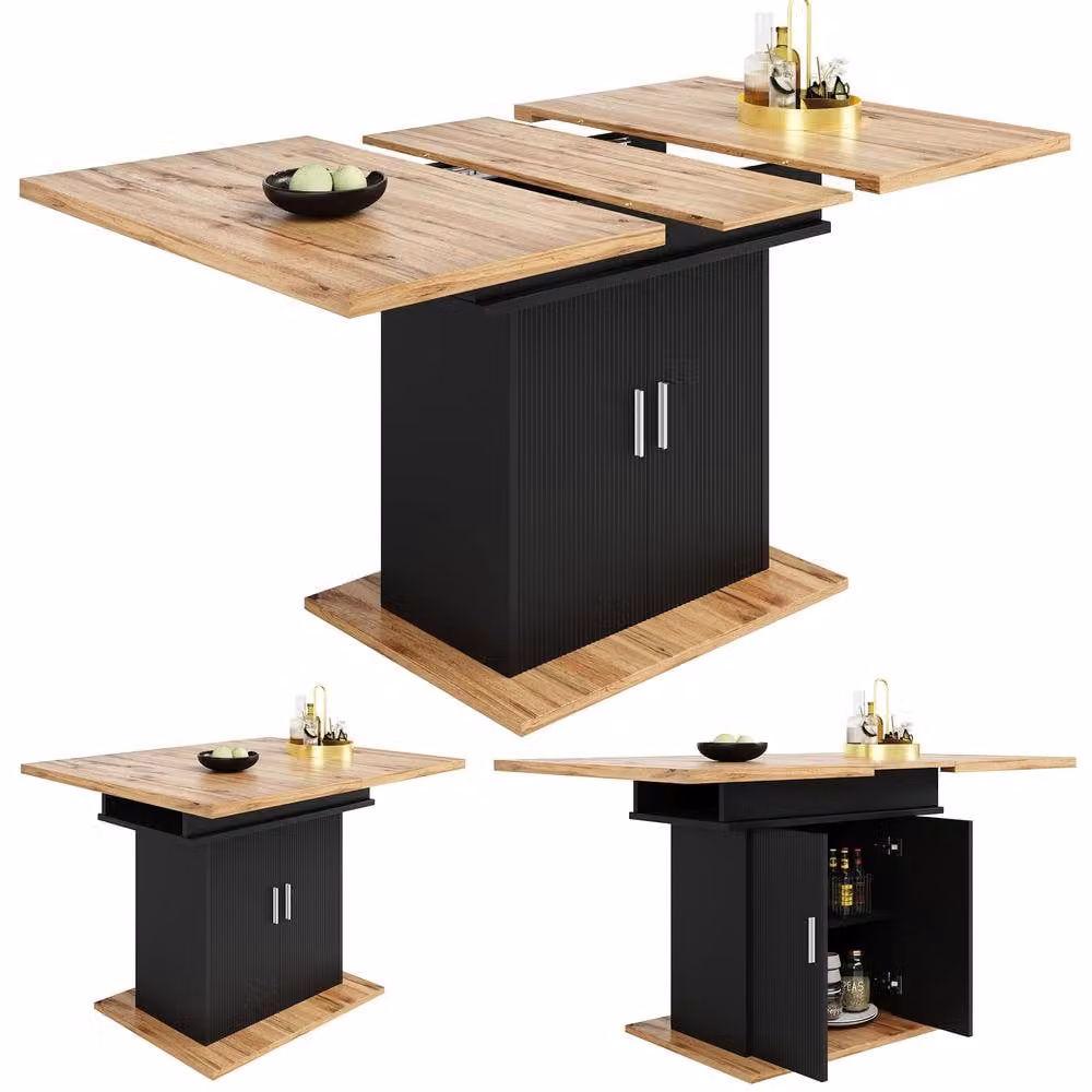 ModernLuxe Extendable Rectangular Dining Table with Storage Shelf and Doors in Black, W/D/H: 160 x 70 x 76 cm – 4