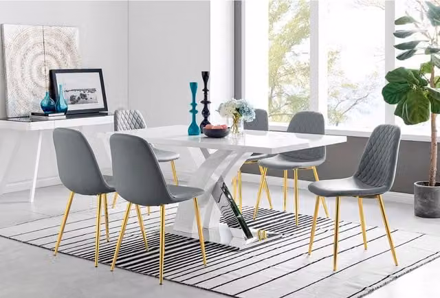 FurnitureboxUK Atlanta Modern High Gloss White Rectangular Dining Table and 6 Corona Gold Chairs Set in Grey