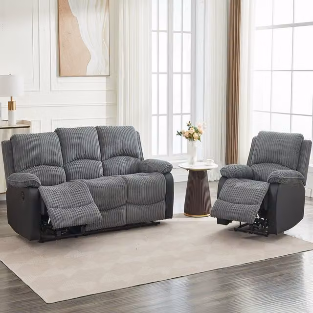 Furniture One Grey Corduroy Sectional Recliner Sofa Set