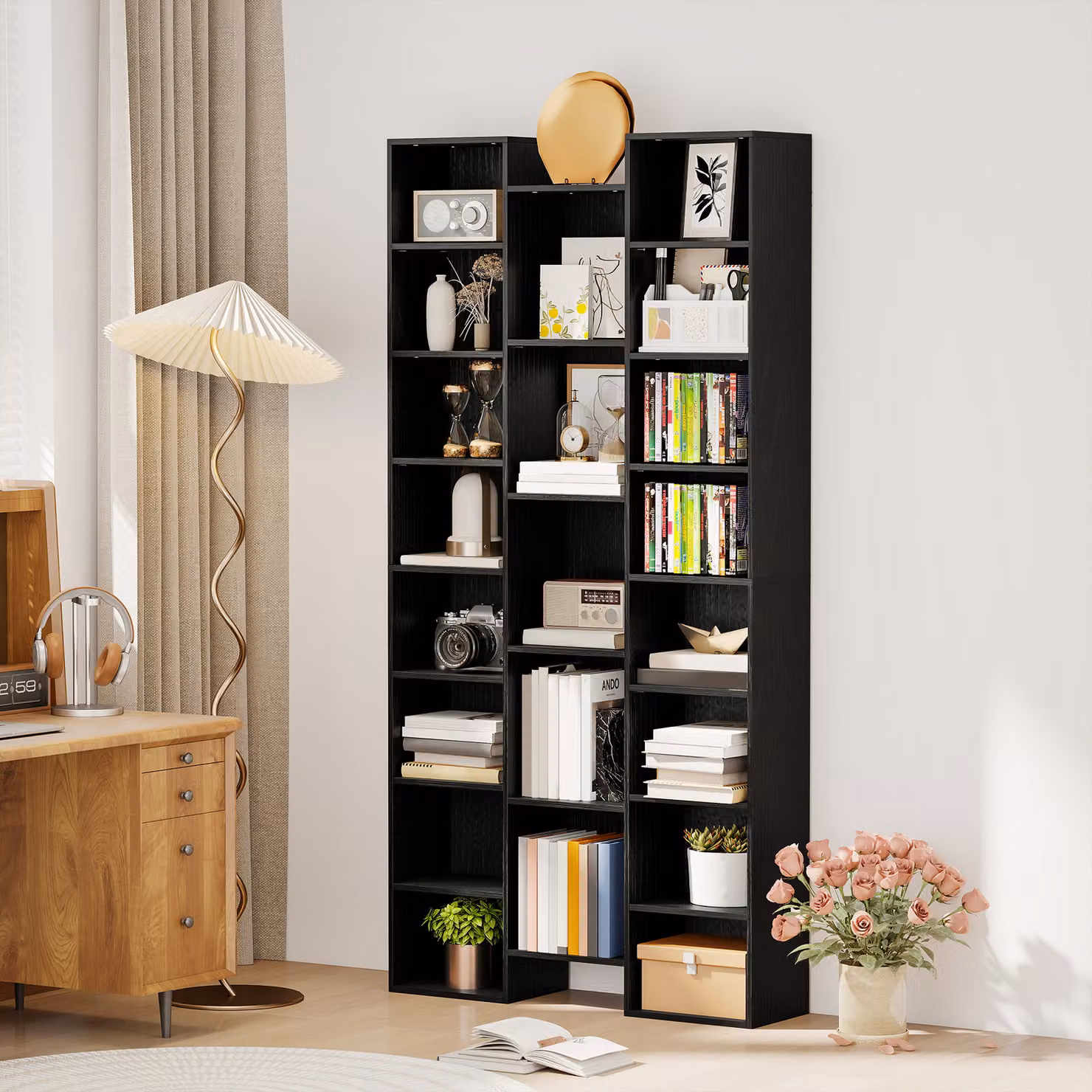 HOMCOM 21-Compartment Modern Black Wood Freestanding Bookshelf with Adjustable Shelves and Back Panel – 2