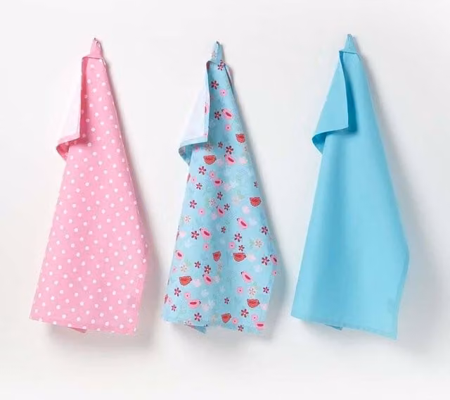 Homescapes Cotton Birds and Flowers Tea Towels Set of Three, Pink and Blue, W: 50 cm, H: 70 cm