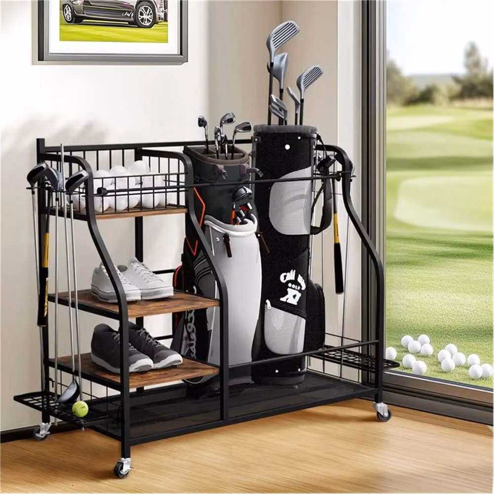 Nordara Metal Garage Golf Storage Organizer in Black for 2 Golf Bags and Club Basket – 3