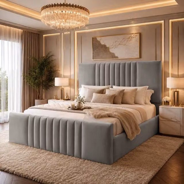 Desire Deco Ashley Upholstered Panel Bed Frame in Grey, W/D/H: 140 x 200 cm