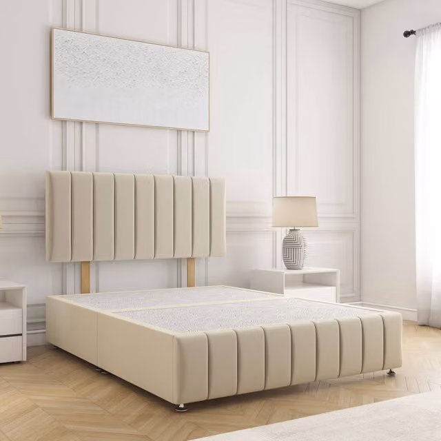 BSSPOKE Sierra King Size Divan Bed with 24 inch Plush Velvet Headboard in Beige