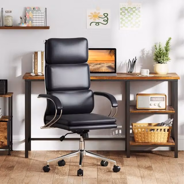 Costway Ergonomic Black Synthetic Leather Office Chair with Headrest and Armrests
