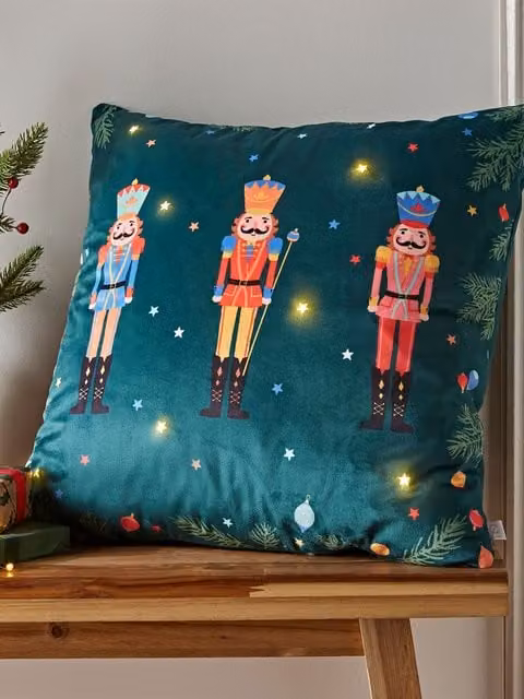 Catherine Lansfield Christmas Nutcracker Light Up Cushion in Green, W x H: 45 x 45 cm
