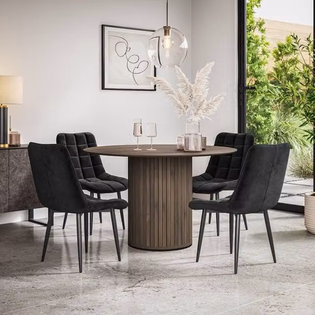 More4Homes Arlo Walnut Round Dining Table and 4 Black Nova Velvet Dining Chairs Set