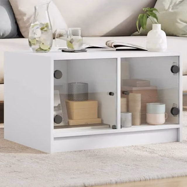Berkfield Home Modern White Coffee Table with Glass Doors W: 68 cm, D: 50 cm, H: 42 cm