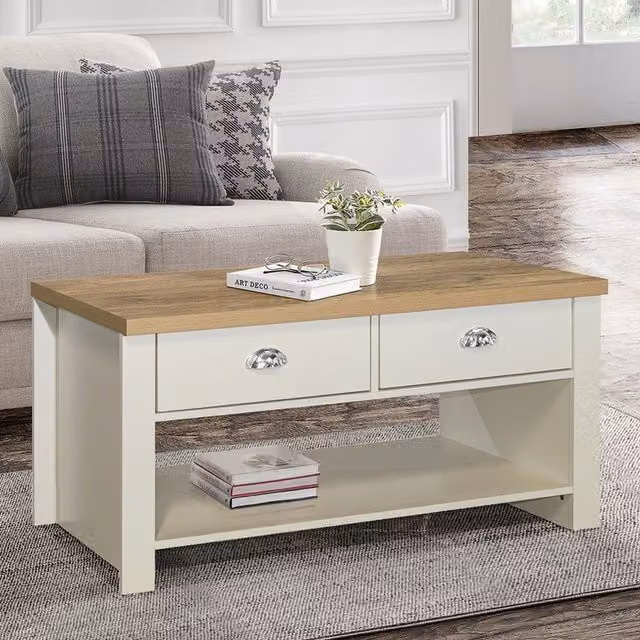 Highgate Classic Rectangular 2 Drawer Coffee Table in Cream and Oak