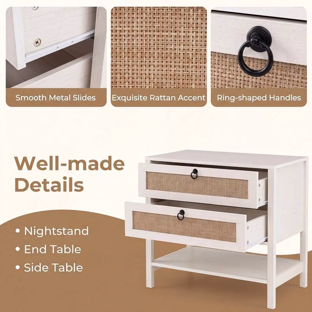 NESTLUNE Boho Rattan Wide Bedside Cabinet and Sofa End Table in White, W: 100 cm, D: 15 cm, H: 40 cm – 3