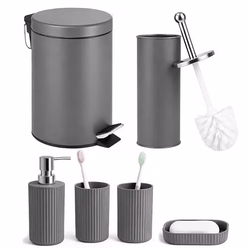 iTrend 6-Piece Matt Grey Bathroom Accessories Set including 3L Pedal Waste Bin, Toilet Brush, Soap Dispenser, Soap Dish and 2 Tumblers