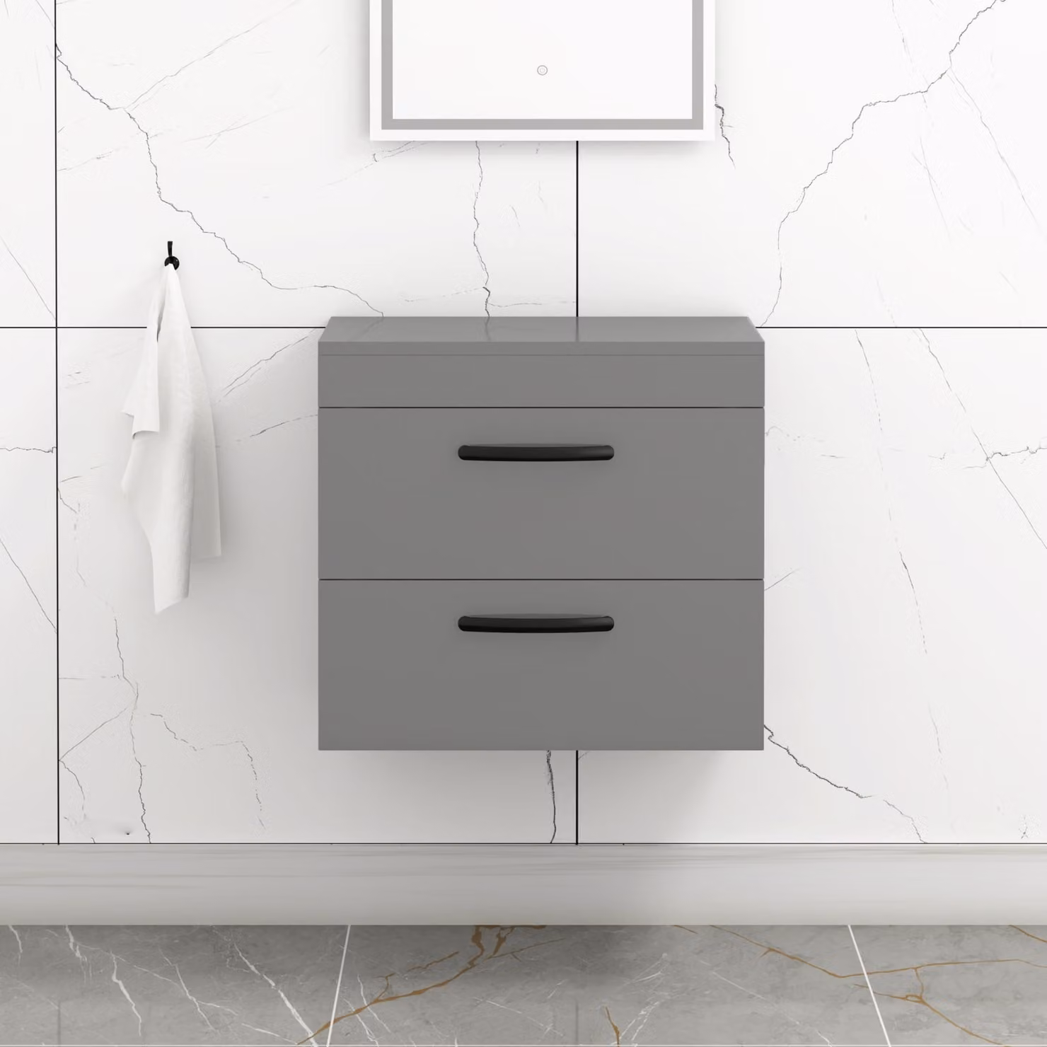 Royal Bathrooms Indigo Grey Gloss Wall Hung 2 Drawer Vanity Unit with Matt Black Handles, Width: 60 cm