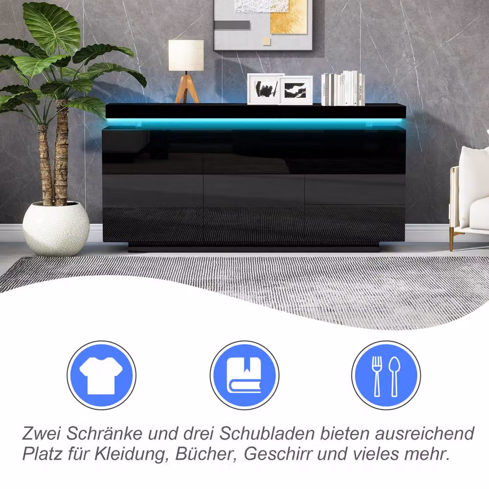 Rolipo Black High Gloss LED Sideboard with 2 Doors and 3 Drawers – 3