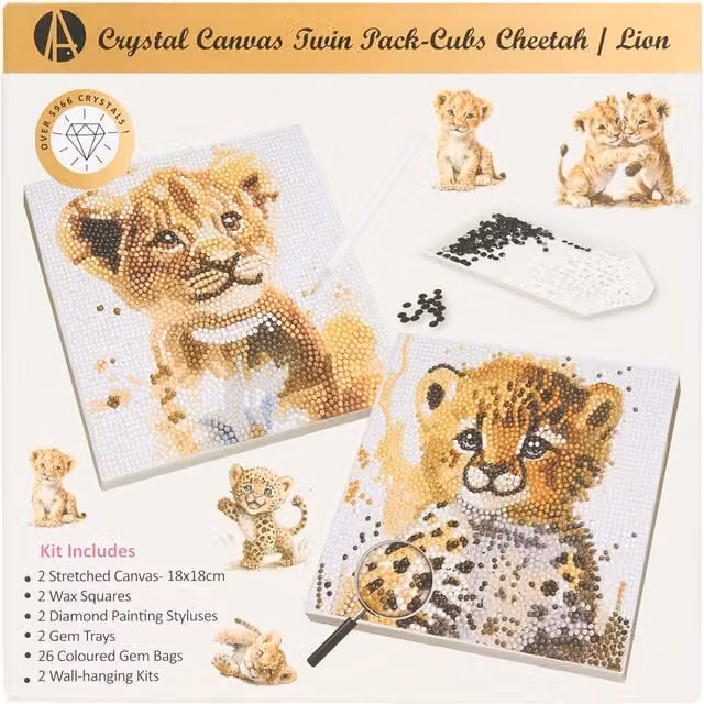 Art Studio Pack of 2 Cheetah and Lion Cubs Crystal Canvases, Multicolour