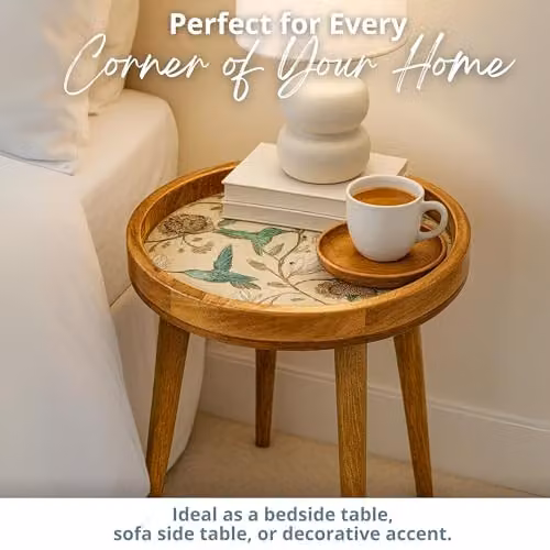 Hartsmede Hummingbird Mango Wood Round Side Table in Beige with Resin-Coated Enamel Top, W/D/H: 38 x 38 x 46 cm – 4