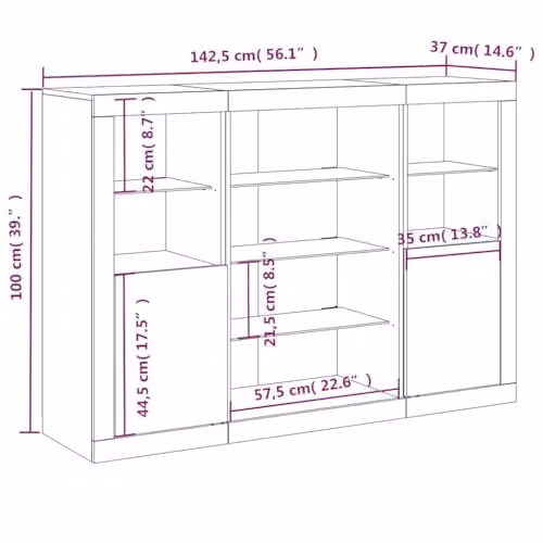 vidaXL Set of 3 Modern Sideboards with Integrated LED Lights in Smoked Oak Brown Engineered Wood – 3