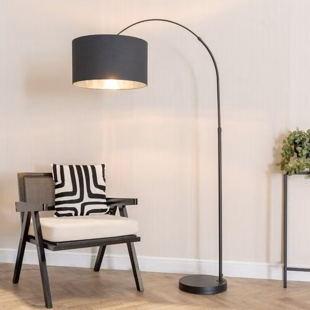ValueLights Louis Black Arched Floor Lamp with Fabric Drum and Chrome Inner Shade including Warm White Bulb – 1