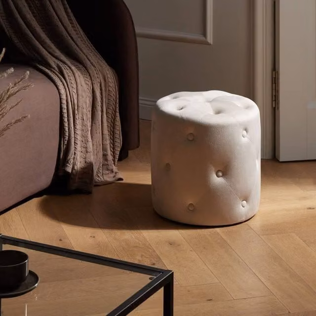 Wyld and Coco Round White Velvet Tufted Pouffe