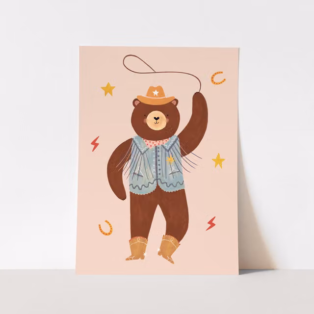 Kid of the Village Cowboy Bear Fine Art Paper Poster, Multicolour, W: 21 cm, H: 29.7 cm