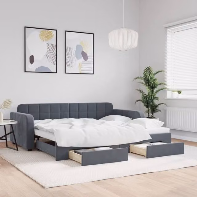 Berkfield Home Velvet Daybed with Trundle and Drawers in Dark Grey, W/D/H: 90 x 190 cm – 1