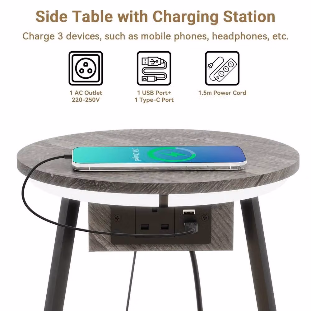 FORGEVIO Modern Round Small Side Table with 3-Tier Storage and LED Light in Black – 4