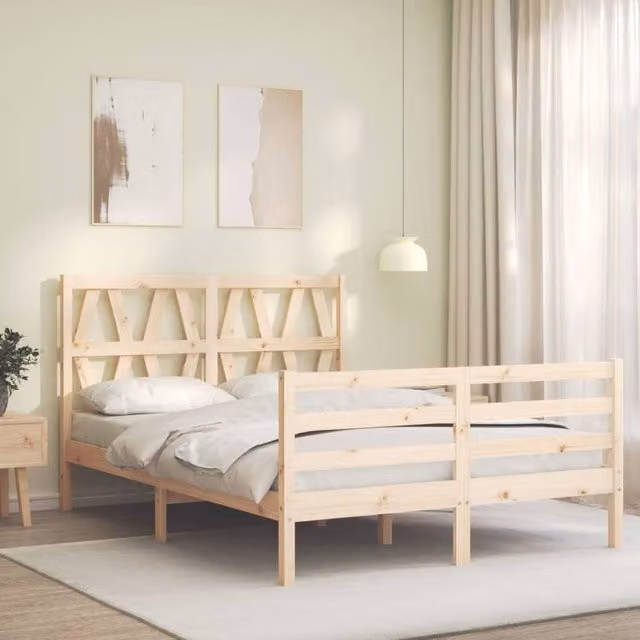Berkfield Home Beautiful Small Double Solid Wood Bed Frame with Headboard in Beige