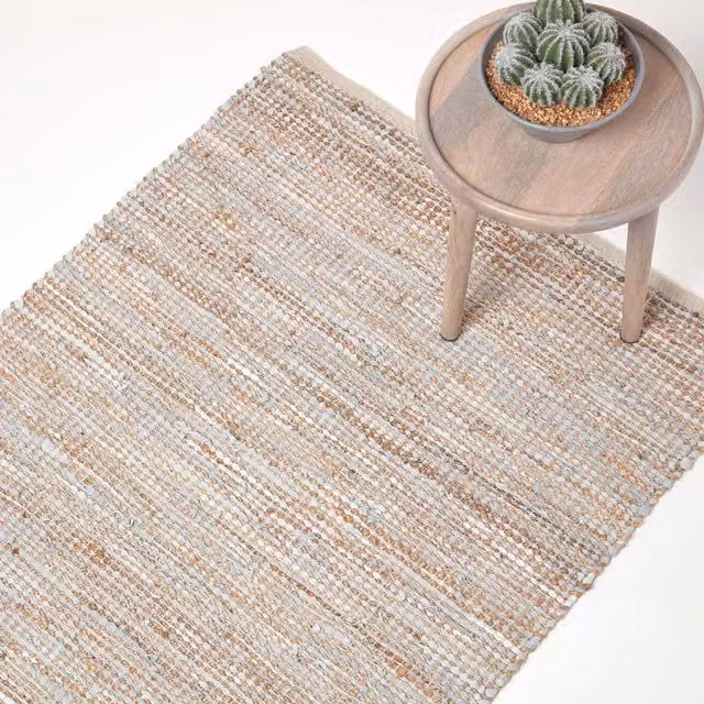Homescapes Madras Leather and Hemp Woven Rug in Beige and Grey, W/D: 150 x 240 cm