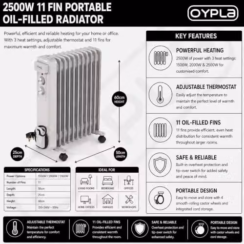 Oypla 2500W Portable Oil Filled Radiator with Thermostat and Overheat Protection, White – 2