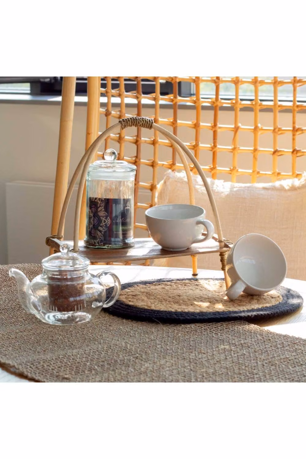 KDMD Handcrafted Coconut Leaf Tea Stand in Natural Rattan and Wood, W/D/H: 20.0 x 14.0 x 14.0 cm – 3