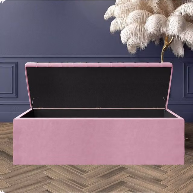 R&M Furnishers Pink Plush Velvet Striped Upholstered Blanket Chest and End of Bed Bench