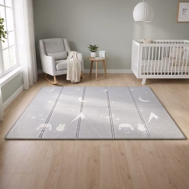 Liberty House Toys Reversible Foam Toddler Play Mat with Unicorn and Moon and Stars Motifs in Grey, Beige, Pink and Blue