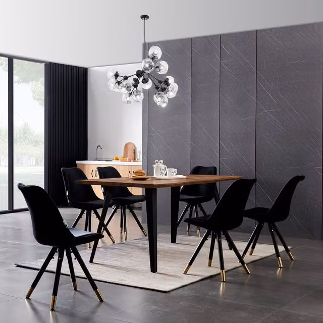 Life Interiors Sofia Rocco LUX Modern Rectangular Dining Set with Table and 6 Chairs in Black and Gold
