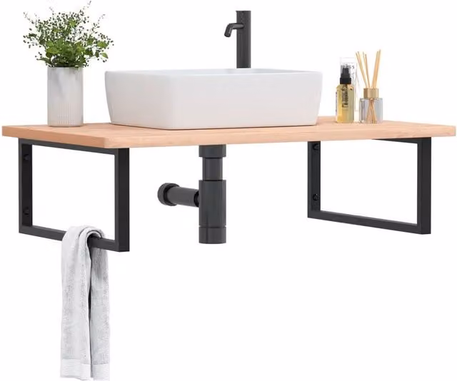 Berkfield Home Wall Mounted Basin Shelf in Brown Steel and Solid Beech Wood