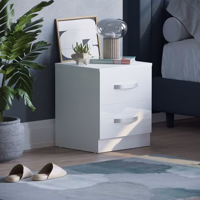 Hulio 2 Drawer High Gloss White Bedside Table Nightstand