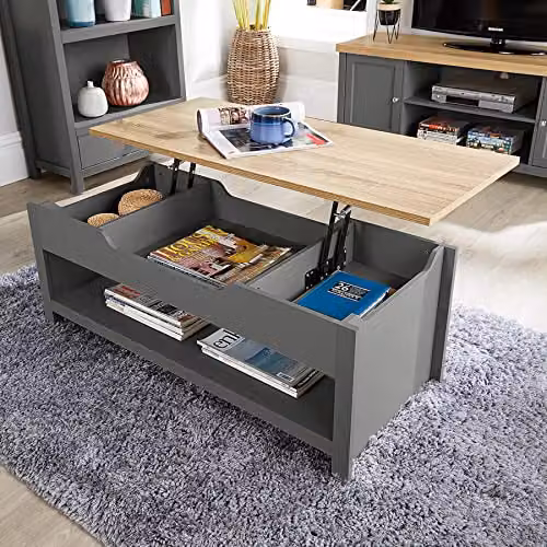 Home Source Avon Lift Up Coffee Table with Storage Shelf, Oak Top, Dark Grey, W: 105 cm x D: 47 cm x H: 40 cm – 2