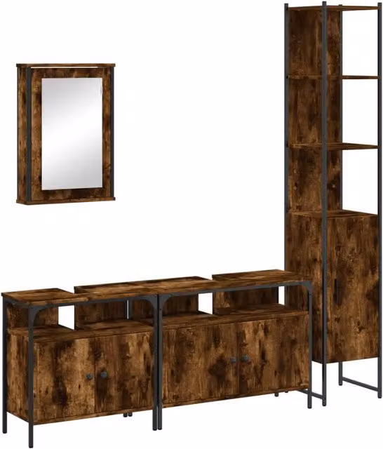 Berkfield Home 4 Piece Brown Smoked Oak Industrial Bathroom Furniture Set with Mirror Cabinet and Vanity Unit – 1