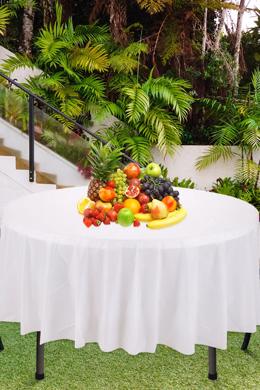 Neel Blue Round PVC Disposable Plastic Tablecloth, White, Diameter: 213 cm – 2