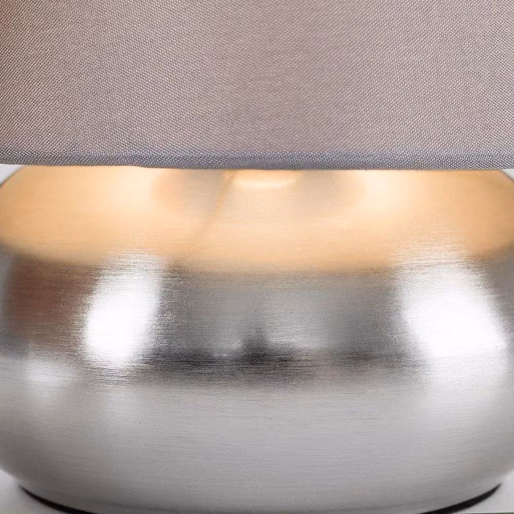 ValueLights Pair of Modern Dimmable Touch Table Lamps with Chrome Metal Bases and Grey Fabric Shades – 2