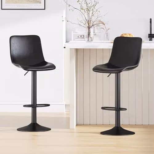MCC Direct Set of 2 Height Adjustable Swivel Bar Stools with Backrest and Footrest in Black PU Leather – 2