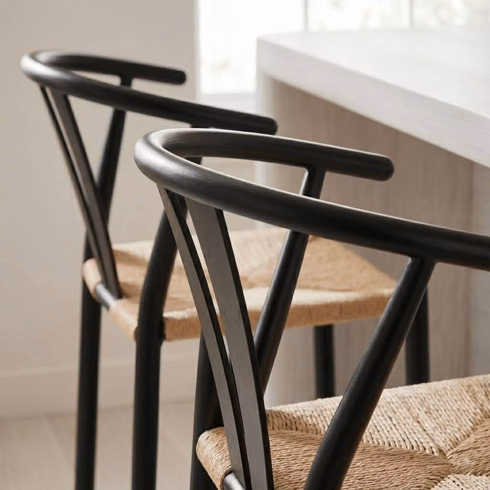 Home Source Eira Pair of Black Metal Bar Stools with Natural Woven Seats – 4