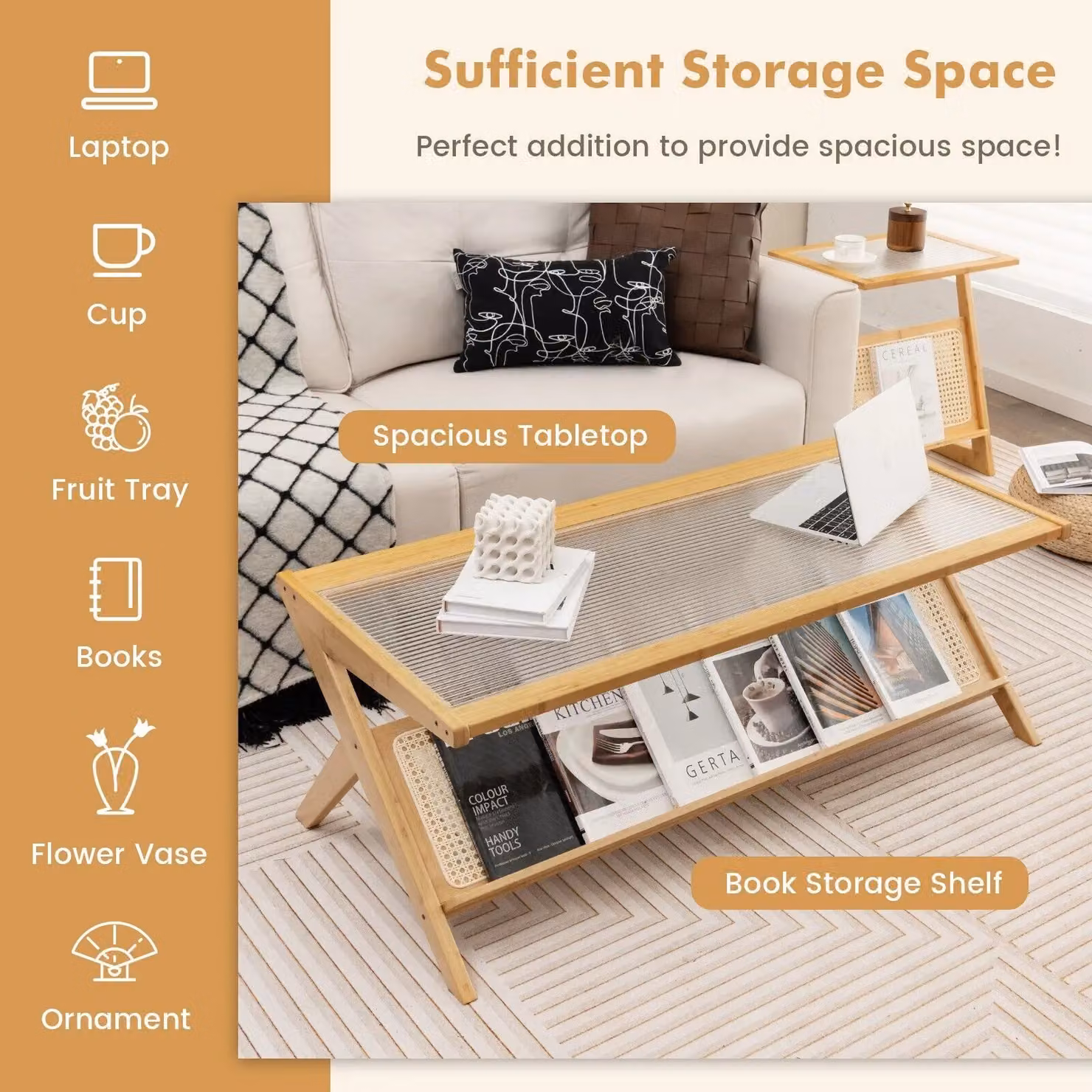 Costway Modern 2-Tier Rectangular Bamboo Coffee Table with Transparent Glass Tabletop in Natural – 2