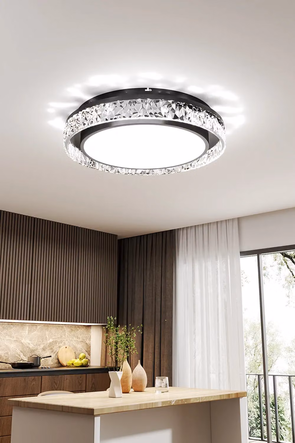 Living and Home Luxury Crystal Round LED Ceiling Light in Black – 3