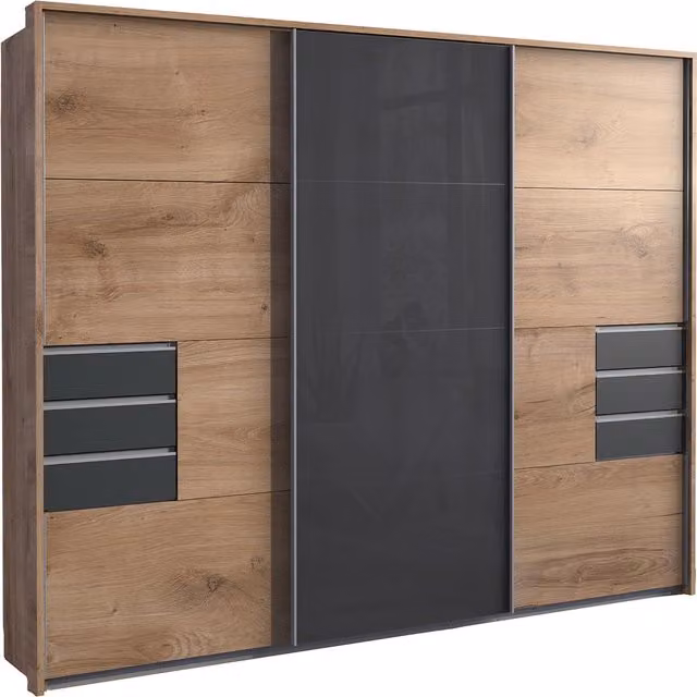 TJS Saigon 270cm Modern Oak and Graphite Sliding Door Wardrobe with Integrated Drawers