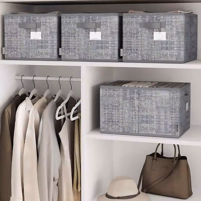 The Bazaarist Pack of 3 Foldable Fabric Storage Baskets with Labels and Handles, Grey, W/D/H: 30.0 x 24.0 x 29.0 cm