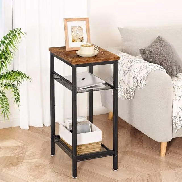 FORGEVIO Industrial Tall Side Table and Nightstand with Shelves, Brown – 1