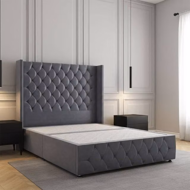 Regional Furnishings King Size Plush Velvet Divan Bed with Headboard and Footboard in Charcoal Grey, W/D/H: 180 x 200 cm