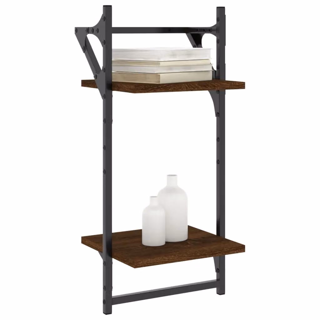 Berkfield Home 2-Tier Wall Mounted Shelves with Bars, 2 Pieces, Brown Oak, W/D/H: 30 x 25 x 65 cm – 3